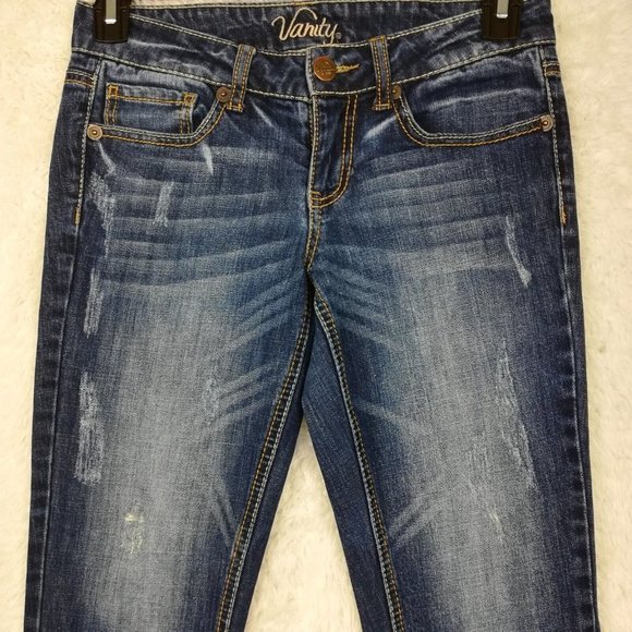 Vanity Womens Capri Jeans Blue Denim Distressed Whiskering Medium Wash 27 - Picture 2 of 9